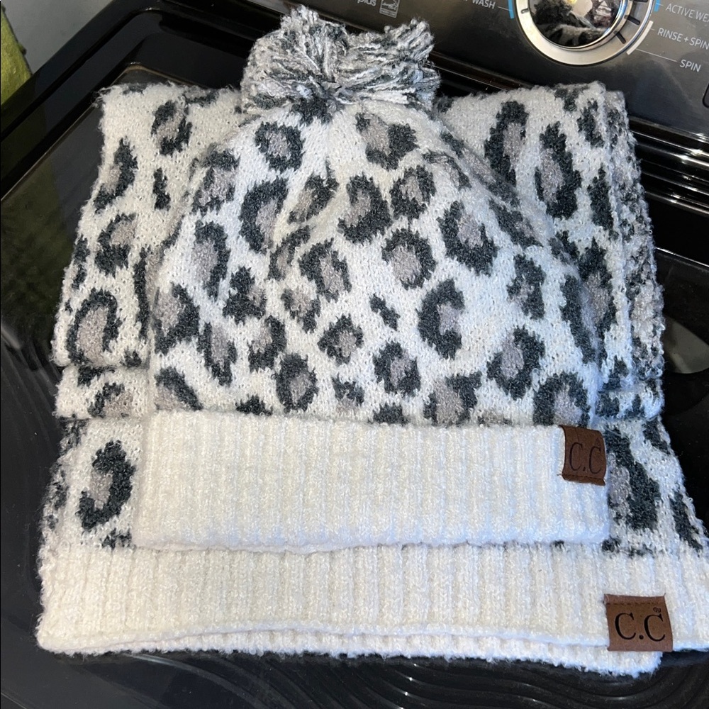 Leopard Print Woman’s Beanie and Scarf Set by CC
